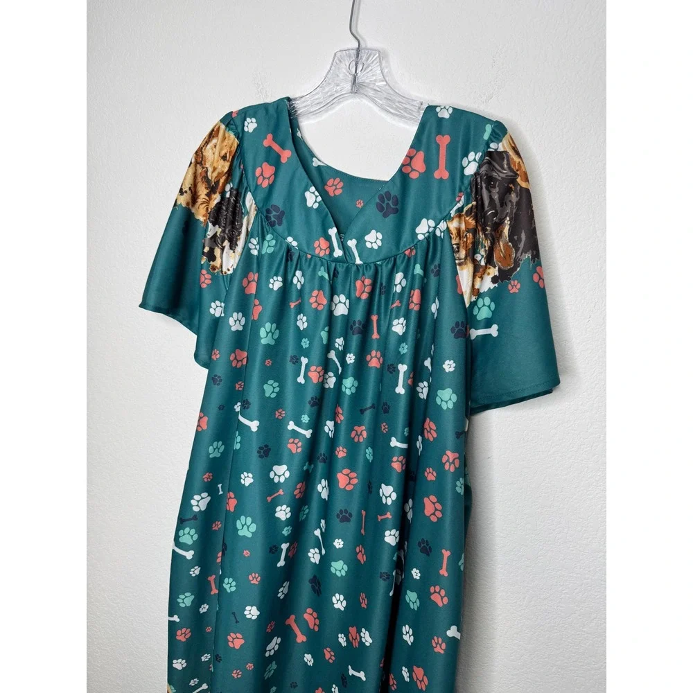 Anthony‎ Richards Dog Print Nightgown Muumuu House Dress Teal Green Plus Size 1X
